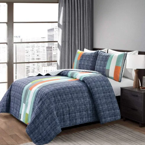 Miniatura 2 de Lush Decor Shelly Stripe Quilt Juego de ropa de cama reversible de 3 piezas con patrón geométrico moderno, tamaño King, naranja y gris