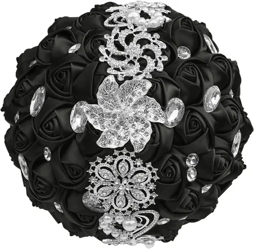 XINNI Ramo de boda nupcial hecho a mano novia dama de honor satén rosa ramo de flores con diamantes de imitación perla encaje decoración de boda