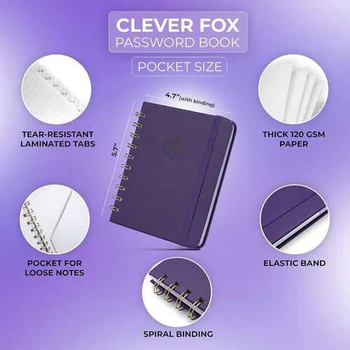Miniatura 2 de Clever Fox Libro de contraseñas en espiral, mini organizador de direcciones de Internet y contraseñas con pestañas alfabéticas laminadas, diario