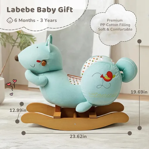 Miniatura 5 de labebe Caballo Mecedor de Bebé, Caballo Mecedor de Ardilla Azul para Niños de 1 a 3 Años, Niño y Niña, Ardilla de Peluche Mecedora con Cinturón
