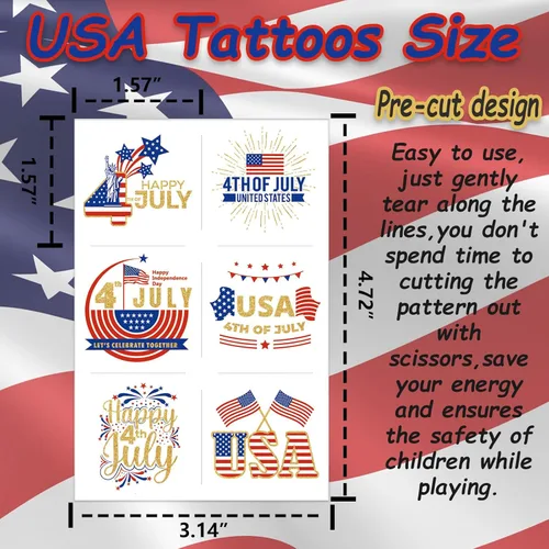 Miniatura 3 de Tatuajes del 4 de julio para niños, 180 tatuajes temporales individuales del 4 de julio, bandera estadounidense patriótica, rojo, blanco y azul