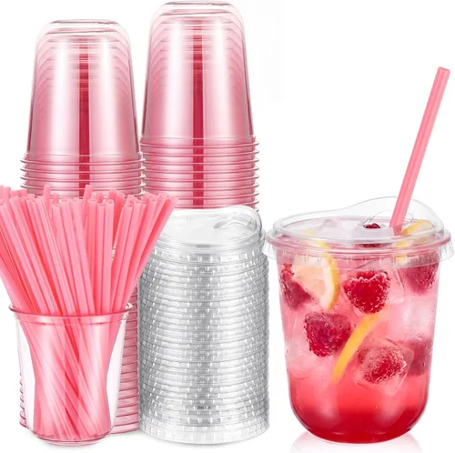 Miniatura 13 de Ziliny Juego de 25 vasos de plástico transparente con pajitas rosas en forma de corazón y tapas sin popote, vasos desechables para mascotas de fondo