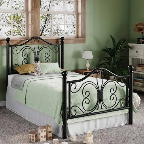 Miniatura 8 de Allewie Marco de cama de tamaño individual para niños, marco de cama de metal con cabecero y piecero de diseño de patrón de mariposa, no necesita