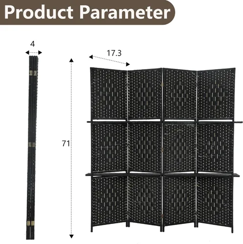 Miniatura 7 de Divisor de habitación de 4 paneles, divisor de pantalla de madera plegable, separador de partición de madera con estantes de almacenamiento