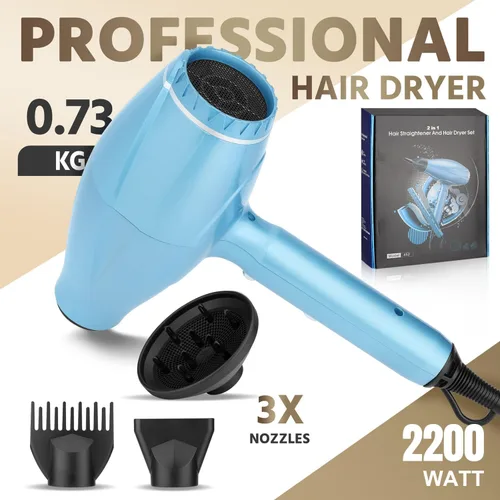 Miniatura 4 de Juego de plancha plana y soplador, motor de CA de 2200 W, secado rápido, secador de pelo iónico de bajo ruido con boquilla difusora, peine
