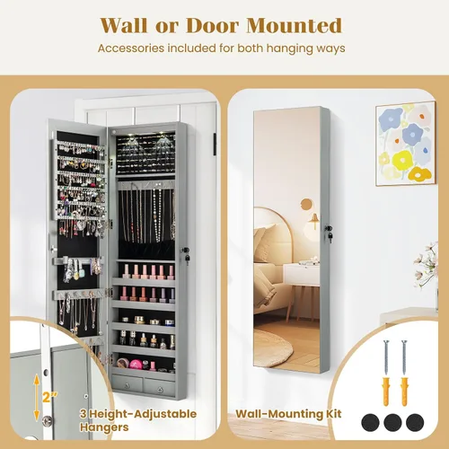 Miniatura 74 de Giantex Armario de joyería para puerta de pared con espejo de longitud completa, 2 LED con cerradura grande organizador de joyas con espejo ancho