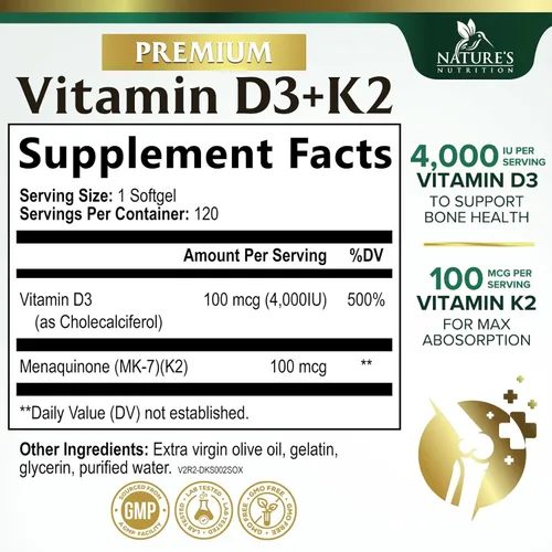 Miniatura 2 de Vitamina D3 4000 UI, 100 mcg por porción, Vitaminas D K2 extra fuertes 2 en 1 para apoyo óseo, corazón y muscular, apoyo inmunológico y absorción