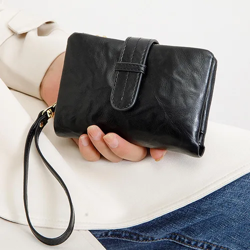 Miniatura 6 de Carteras pequeñas de cuero Rfid para mujer, billeteras dobladas medianas para mujer, cartera compacta y triple plegable con correa para la muñeca