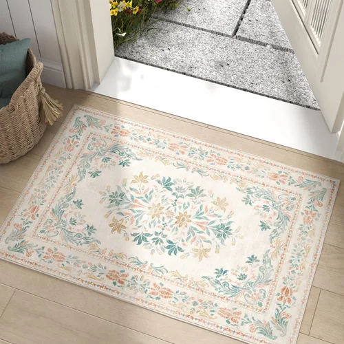 Miniatura 137 de Jinchan Fiora - Alfombra redonda de 8 pies, alfombras vintage con diseño floral envejecido, lavable a máquina, antideslizante, de pelo bajo, Azul