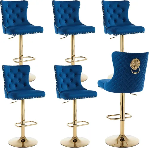 Miniatura 14 de Taburetes de bar negros juego de 2 sillas de cocina giratorias de terciopelo con respaldo alto acolchado, taburetes dorados modernos tapizados