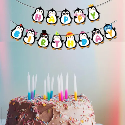 Miniatura 5 de Bonita pancarta de feliz cumpleaños de pingüino, decoraciones de fiesta de cumpleaños de pingüinos, decoración de fiesta de cumpleaños de baby