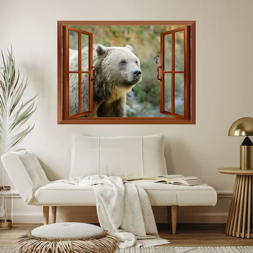 Miniatura 3 de wall26 Adhesivo decorativo para pared, diseño de oso y mariposa fuera de una ventana abierta, no se pega ni se pega, papel tapiz no tejido