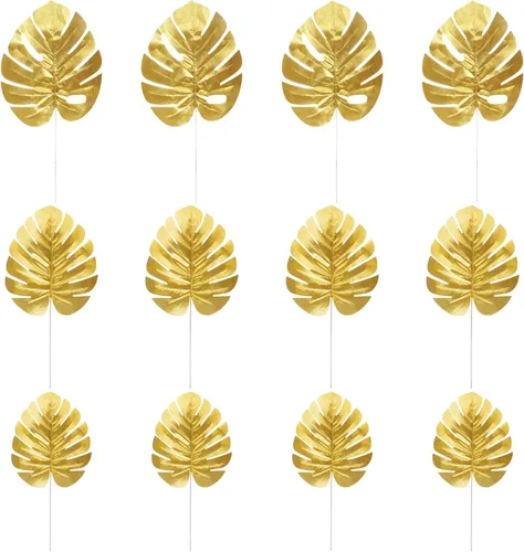 KIMOBER 24 piezas Hojas de palma artificiales doradas, tamaños mixtos, hojas de monstera tropicales doradas falsas, plantas artificiales realistas