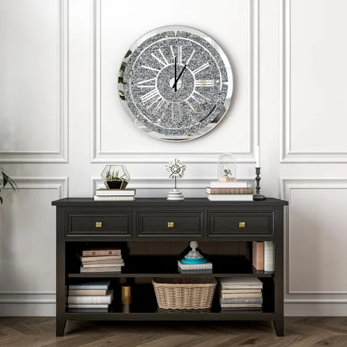 Miniatura 3 de SHYFOY Reloj de pared de diamante triturado, reloj de pared redondo de lujo de 24 pulgadas con cristal de espejo, números romanos elegantes