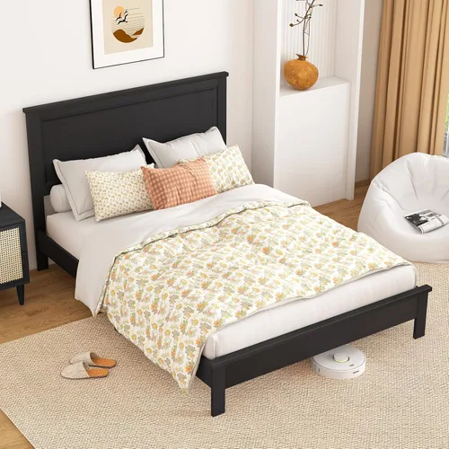 Miniatura 15 de KOMFOTT Armazón de Cama de Plataforma de Madera Tamaño Twin con Cabecero, Cama de Plataforma de Madera de Mediados del Siglo con Soporte de Listones