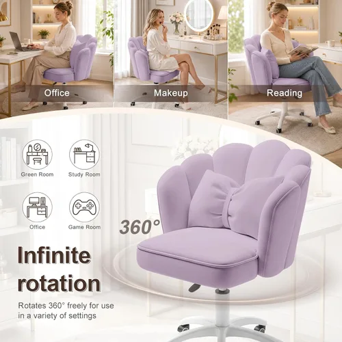 Miniatura 6 de Silla de tocador con ruedas Silla de escritorio de terciopelo con pétalos Silla de oficina en casa copetada tapizada para mujeres y niñas, Silla