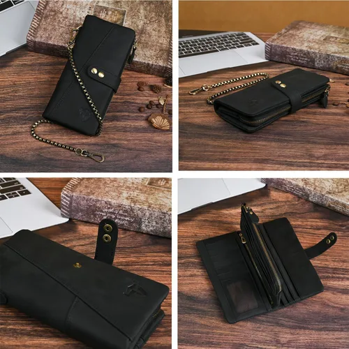 Miniatura 92 de Genuino Caballo Loco Cuero Regalo de Viaje Moneda Bolsillo Tarjetero Organizador Largo Cadena Rfid Cartera Monedero Con Broche Para Hombres Hombres