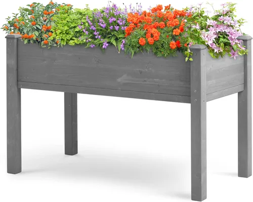 Miniatura 16 de Cama de jardín elevada con patas (31 x 16 x 31 pulgadas), maceta elevada de madera maciza para exteriores Gris