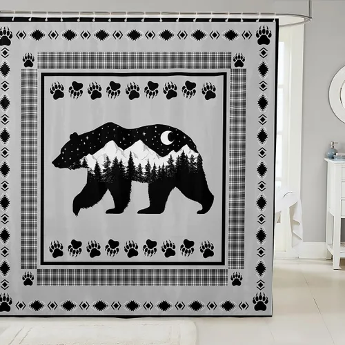 Miniatura 9 de Manfei Cortinas de ducha con diseño de oso de ciervo para niños, conos de pinos, cuernos de pata de animal, cortinas de baño impermeables con 12