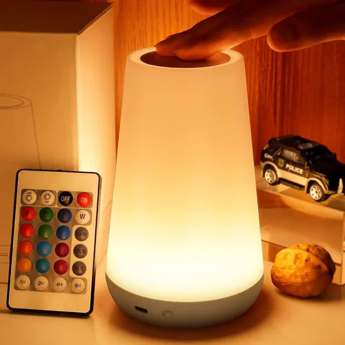 THAUSDAS Luz Nocturna, Lámpara Táctil Regulable para Dormitorio, Lámpara de Mesa de Noche Portátil, 5 Niveles de Brillo 13 Colores RGB, Luces
