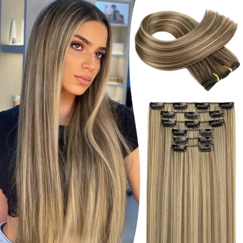 Miniatura 12 de LONAI 6 extensiones de cabello con clip, 24 pulgadas de largo, lacio, sintético, postizo para mujer, rubio ceniza natural