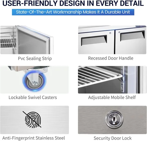 Miniatura 6 de Refrigerador comercial de 60" de ancho con mesa para preparar sándwiches/ensalada, 2 puertas, enfriamiento por ventilador de acero inoxidable