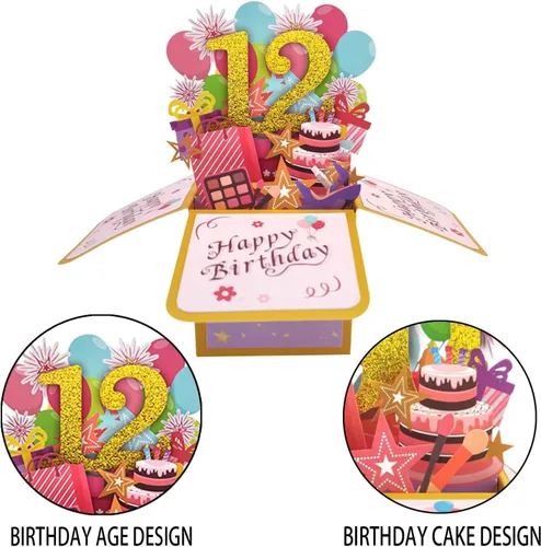 Miniatura 5 de Asmallgf Dulce Tarjeta de Cumpleaños Desplegable del 12º Cumpleaños para Niña y Niño, Gran Regalo de Cumpleaños de 12 Años para Hija, Sobrina