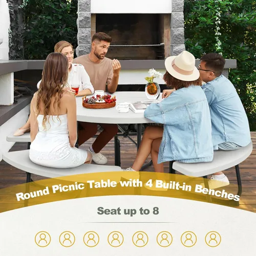 Miniatura 7 de Tangkula Mesa de picnic para 8 personas, mesa de picnic redonda al aire libre con 4 bancos integrados, agujero para paraguas, marco de metal y mesa
