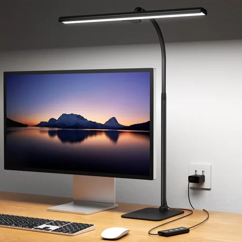Kary Lámparas LED de Escritorio para Oficina en Casa, Luz de Escritorio Alta con Base, Cuello de Ganso Flexible de Altura Ajustable con 5 Niveles de