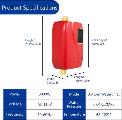 Miniatura 9 de Calentador de agua eléctrico sin tanque, 110 V, 3000 W, agua caliente instantánea debajo del fregadero de la cocina, calentador de agua caliente