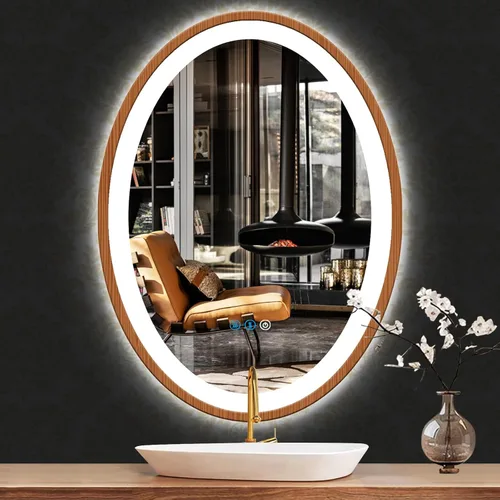 Miniatura 8 de Espejo de madera ovalado LED de 20 x 30 pulgadas con marco de madera clara, espejo de tocador iluminado ovalado con luces para baño, memoria 30 x 20