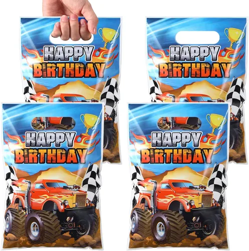 Seajan 50 bolsas de regalo de camión monstruo para fiestas, autos de carreras, dulces, golosinas, bolsas de regalo de plástico con asas para
