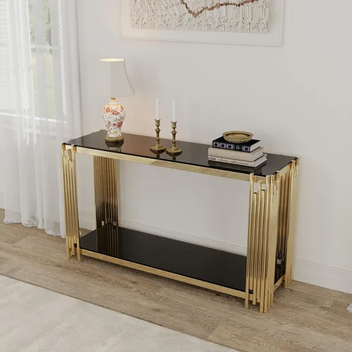 Miniatura 6 de Mesa consola moderna de cristal, mesa de sofá dorada de 55 pulgadas con marco de metal resistente y parte superior de vidrio templado negro