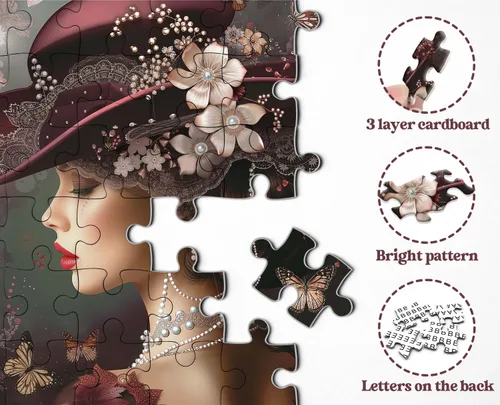 Miniatura 4 de Elegante rompecabezas victoriano de 1000 piezas para adultos, mujer vintage con sombrero rojo, perlas, flores y mariposas, rompecabezas de arte
