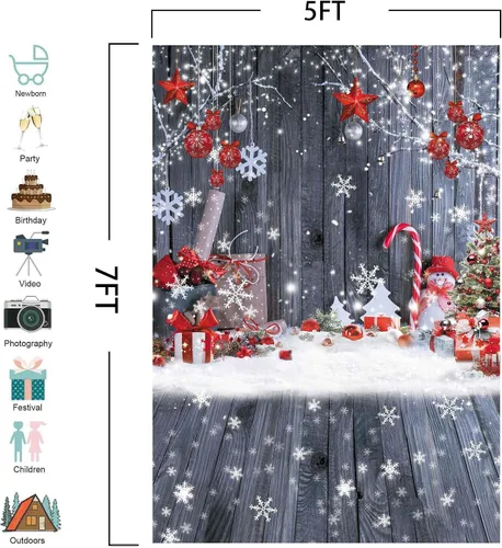 Miniatura 4 de Telón de Fondo Banner de Fotografía de Pared de Madera Navideña de 5 x 7 pies, Fondo de Vacaciones de Invierno con Copos de Nieve y Árbol