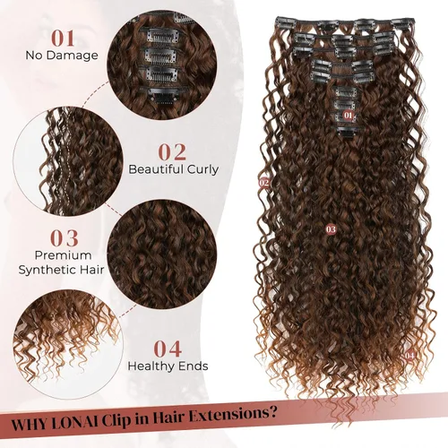 Miniatura 3 de LONAI Extensión de Cabello, 9 piezas, 56 cm de largo, castaño, extensiones de cabello rizadas con pinza, LN002, extensiones de cabello sintético