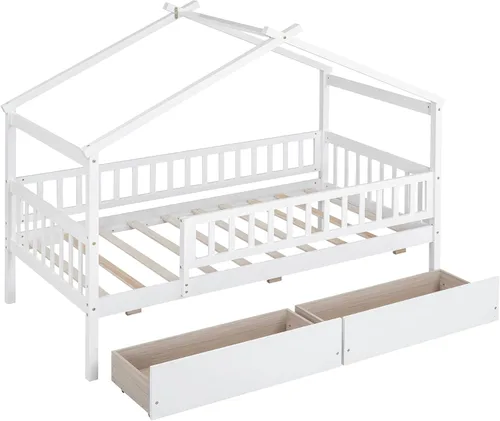 Miniatura 6 de Cama de madera de tamaño individual con dos cajones y techo, cama de plataforma con 2 cabeceros, para dormitorio de niños, adolescentes, niñas