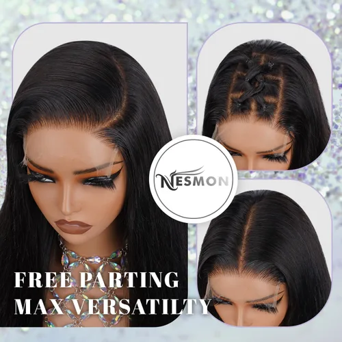 Miniatura 5 de NESMON Pelucas de cabello humano con cierre de encaje HD de 5 x 5, sin pegamento, nudos preblanqueados, densidad del 200 %, 0.004 in, encaje suizo