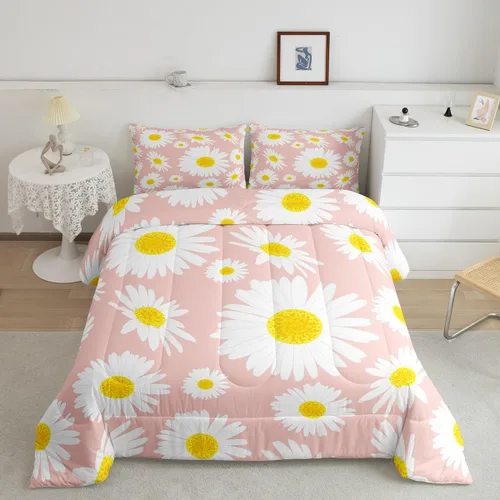 Miniatura 11 de Erosebridal Juego de edredón de abeja de dibujos animados, tamaño individual, juego de ropa de cama floral de margarita blanca lisa para niños