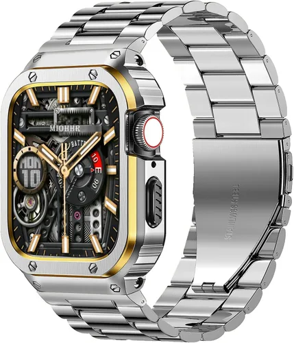 Miniatura 18 de MioHHR Correa y funda de acero inoxidable compatible con Apple Watch Band de 1.614 in, 1.575 in y 1.496 in, cubierta protectora de metal para Negro