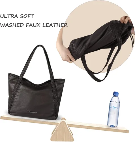 Miniatura 4 de Montana West Stone Washed Leather Hobo Purses for Women Soft Top Handle Shoulder Bag with Wallet 2PCS Set