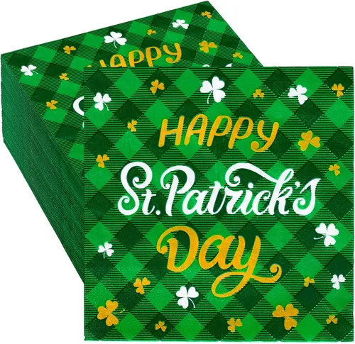Whaline 80 servilletas de papel con texto en inglés «Happy St. Patrick's Day» de búfalo verde irlandés, servilletas desechables decorativas para