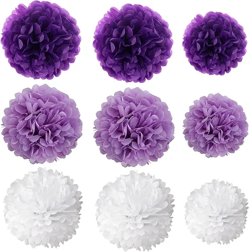 Miniatura 3 de Decoraciones de cumpleaños, banderines con pompones de papel de seda y decoración de remolinos colgantes para fiesta, morado, lavanda y blanco