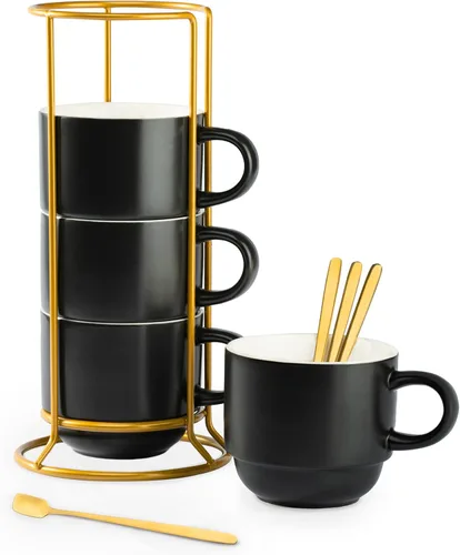 YHOSSEUN Juego de 4 tazas de café apilables de porcelana con estante, tazas de café expreso con cucharas de soporte, tazas de café demitasse de 11