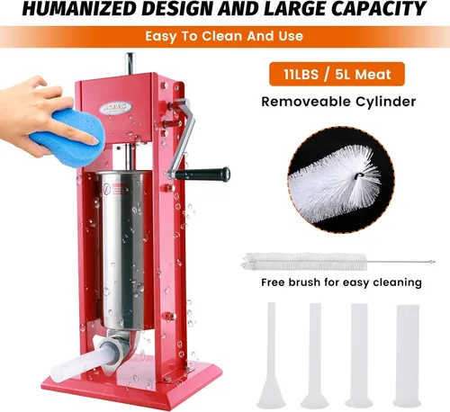 Miniatura 6 de Hakka - Embutidor de salchichas de 11 libras/5 L, dos velocidades de llenado de acero pintado en aerosol vertical 7-11 libras