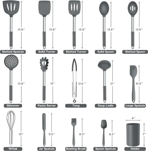 Miniatura 2 de Onader Juego de Utensilios de Cocina de 15, Utensilios de Silicona y Acero Inoxidable Juego de Espátulas con Soporte, Resistente al Calor y Apto Gris