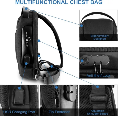 Miniatura 6 de KUCINO Bolsa impermeable antirrobo con recarga USB, bolsa cruzada para hombres y mujeres, bolsa de pecho para hombre, bolsa de hombro casual