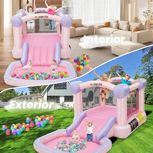 Miniatura 5 de AKEYDIY Pastel Dream Casa de Rebote para Niños de 3-10, Casa de Rebote de Agua de 161x82x63 pulgadas con Tobogán, Piscina de Pelotas/Foso