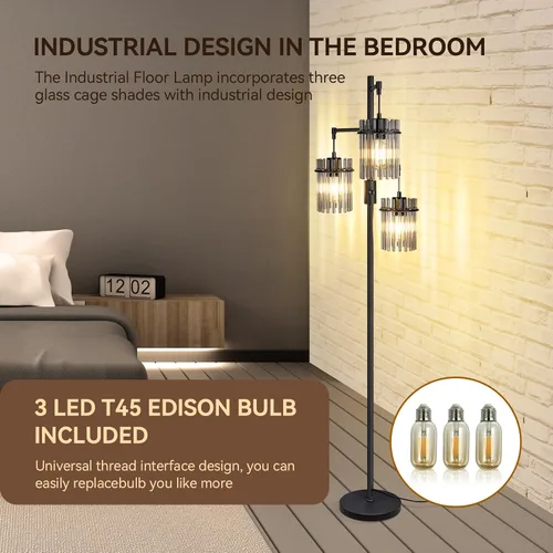 Miniatura 4 de Lámparas de Pie Industriales Modernas para Sala de Estar, Lámparas Altas de Pie de Árbol de Cristal Regulables con 3 Elegantes Cabezales de Jaula