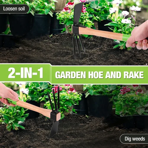 Miniatura 6 de WORKPRO Azada y Cultivador Rastrillo de Jardín con Mango de Madera de 14", Hoja de Azada Afilada y Cultivador Resistente de 3 Garras, Herramientas